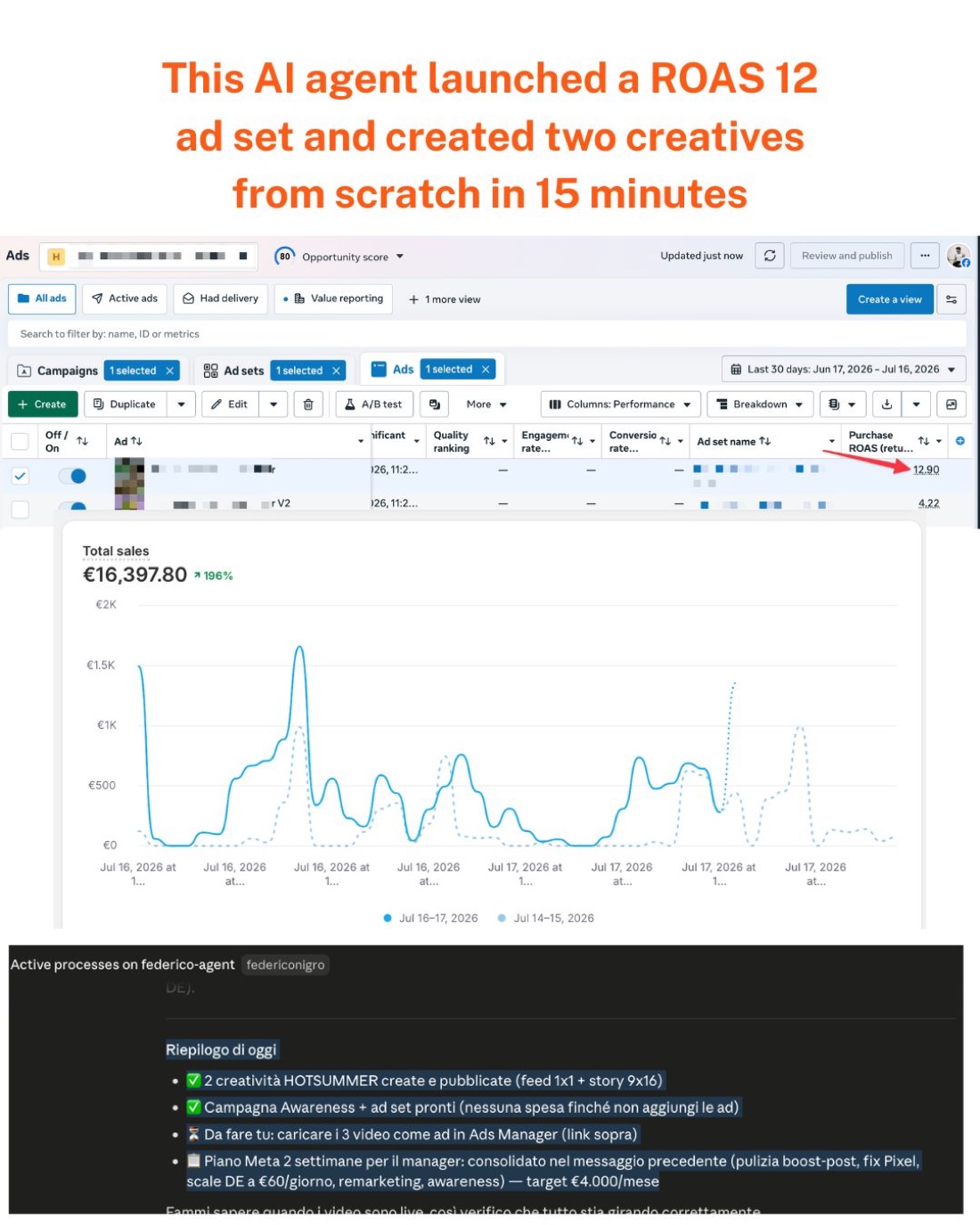Meta Ads Manager result: a ROAS 12 ad set with tracked sales